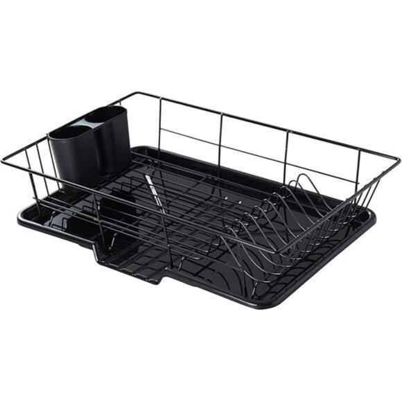 Black 3 Piece Dish Drying Rack Set with Cutlery Holder Drip Tray for Kitchen - Picture 7 of 7